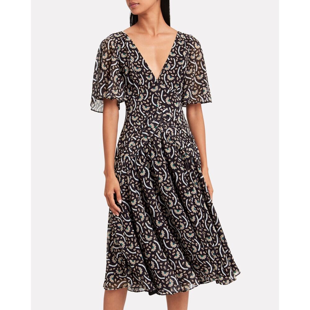 Stevie May Anise Dress Midi Black‎ Print Chiffon Floral V-Neck Flutter Sleeve
